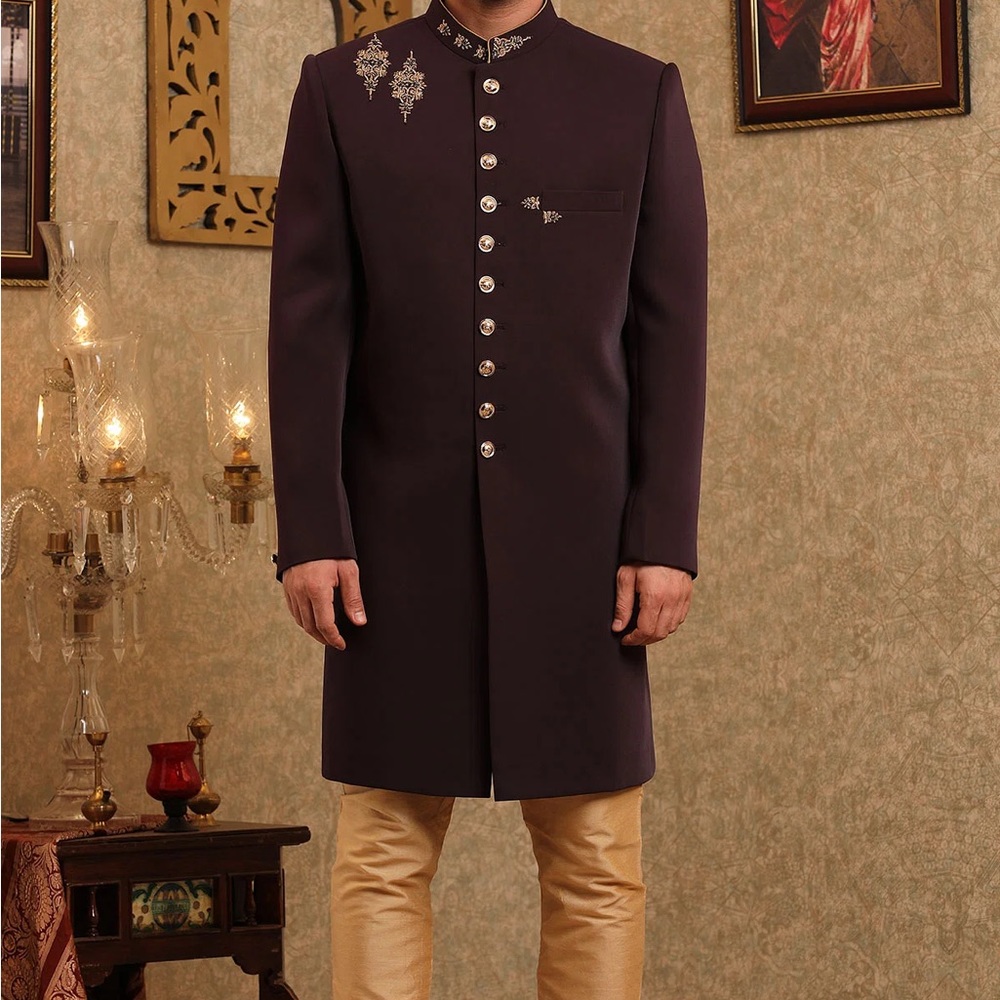 Plum Zardosi Embroidered Italian Wedding Sherwani